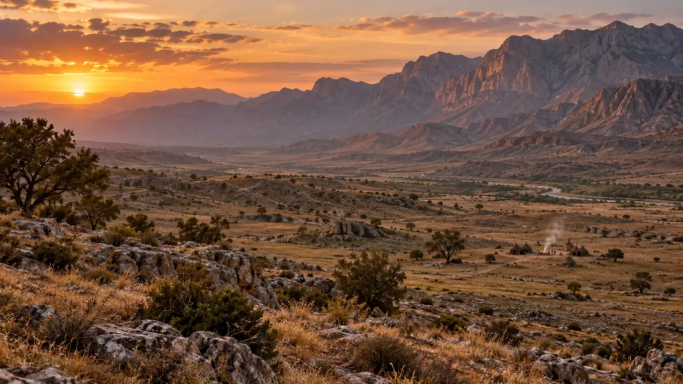 Vaste plateau semi-aride bordé de montagnes, avec au loin un petit campement préhistorique et la fumée d'un feu au crépuscule