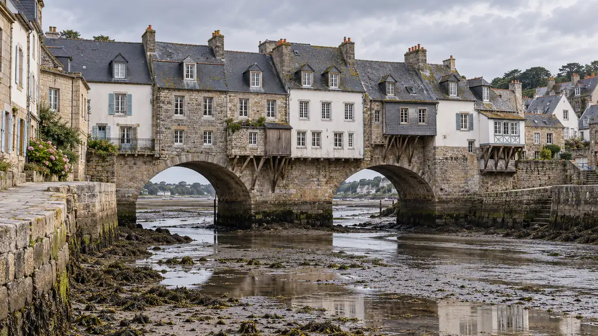 Vieux pont de pierre à arches enjambant une rivière à marée basse, surmonté de maisons anciennes en pierre et ardoise dont certaines reposent sur des pilotis