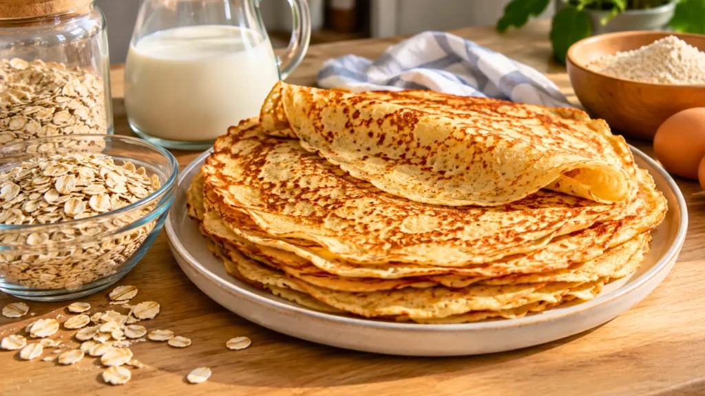 Pile de crêpes dorées préparées avec des flocons d’avoine, accompagnées d’un bol de flocons d’avoine, de lait et d’œufs sur une table en bois.