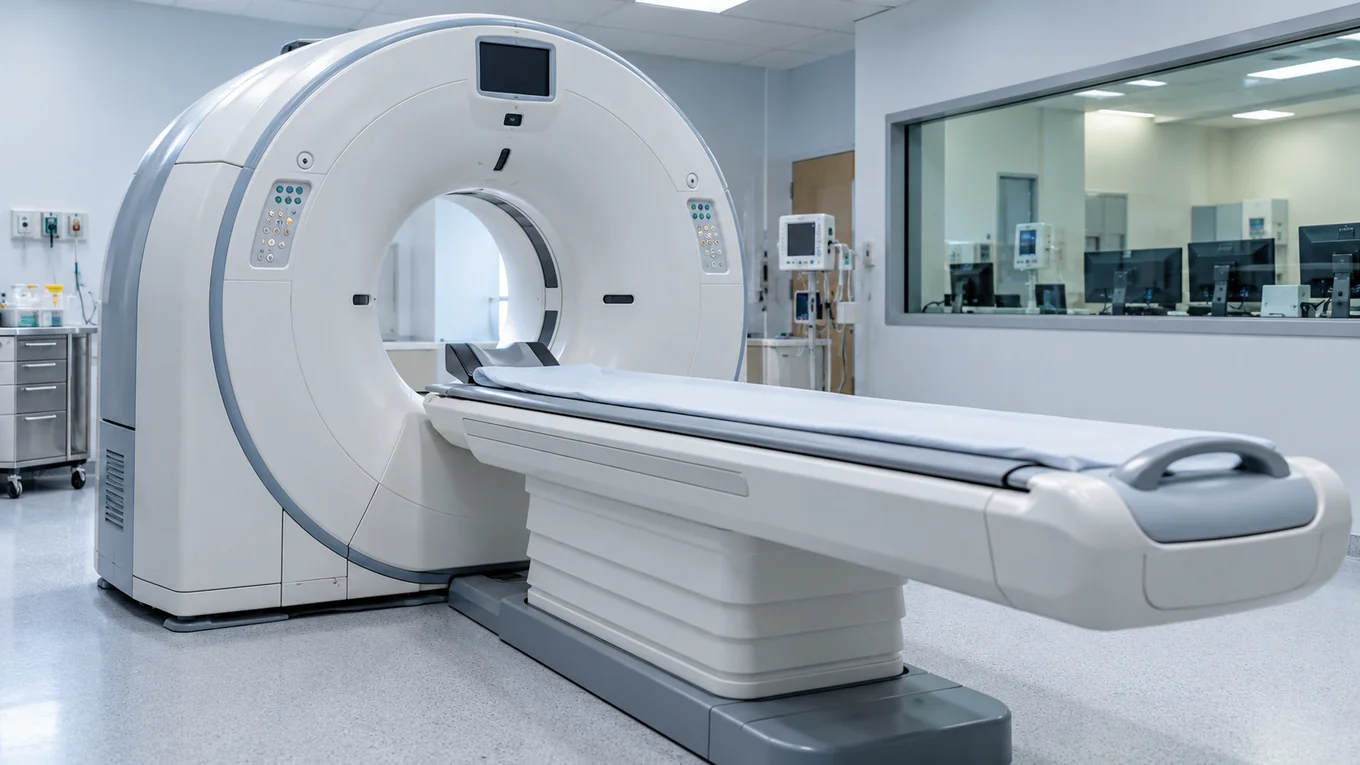 Scanner de tomodensitométrie blanc avec sa table d'examen vide dans une salle d'imagerie hospitalière éclairée