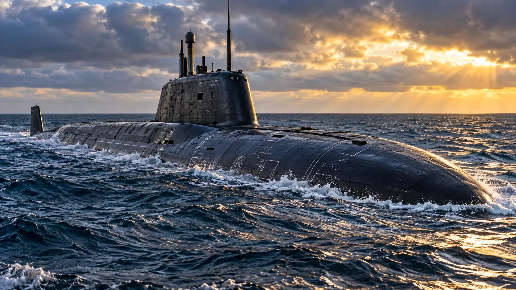 Un sous-marin nucléaire russe de classe Yasen-M navigue en surface sur une mer agitée sous un ciel dramatique.