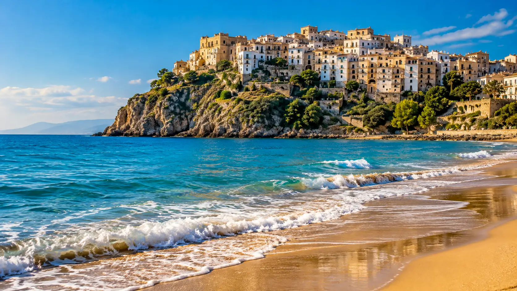 La plage de Sperlonga face au village blanc perché sur les falaises de la côte italienne.
