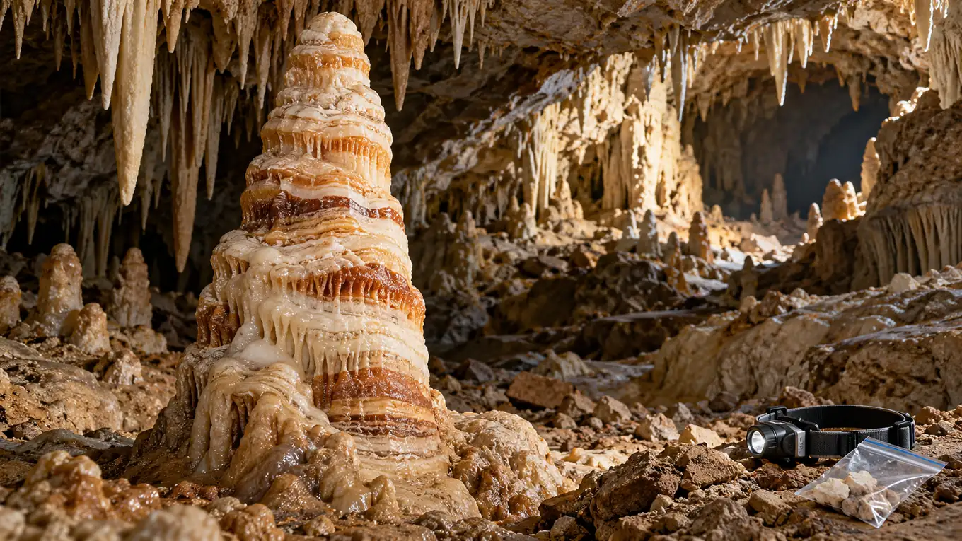 Grande stalagmite calcaire aux couches ocre et beiges dans une grotte sombre, éclairée par une lampe frontale posée au sol, avec des stalactites au plafond
