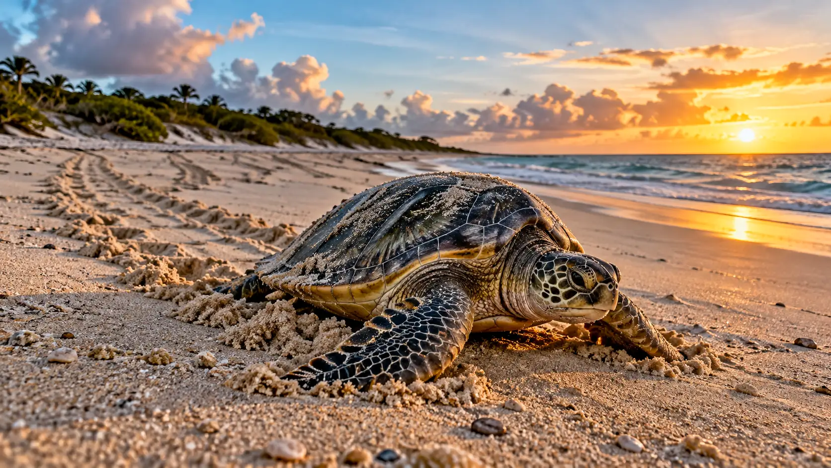 Une tortue verte progresse sur une plage de sable au lever du soleil, entourée de nombreuses traces de ponte.