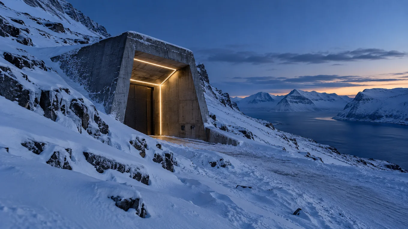 Entrée en béton d'un bunker encastrée dans une montagne enneigée de l'Arctique, sous une lumière bleutée de crépuscule polaire