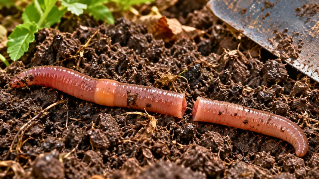 Ver de terre coupé en deux sur une terre humide, avec ses deux segments séparés près d'une bêche de jardin.