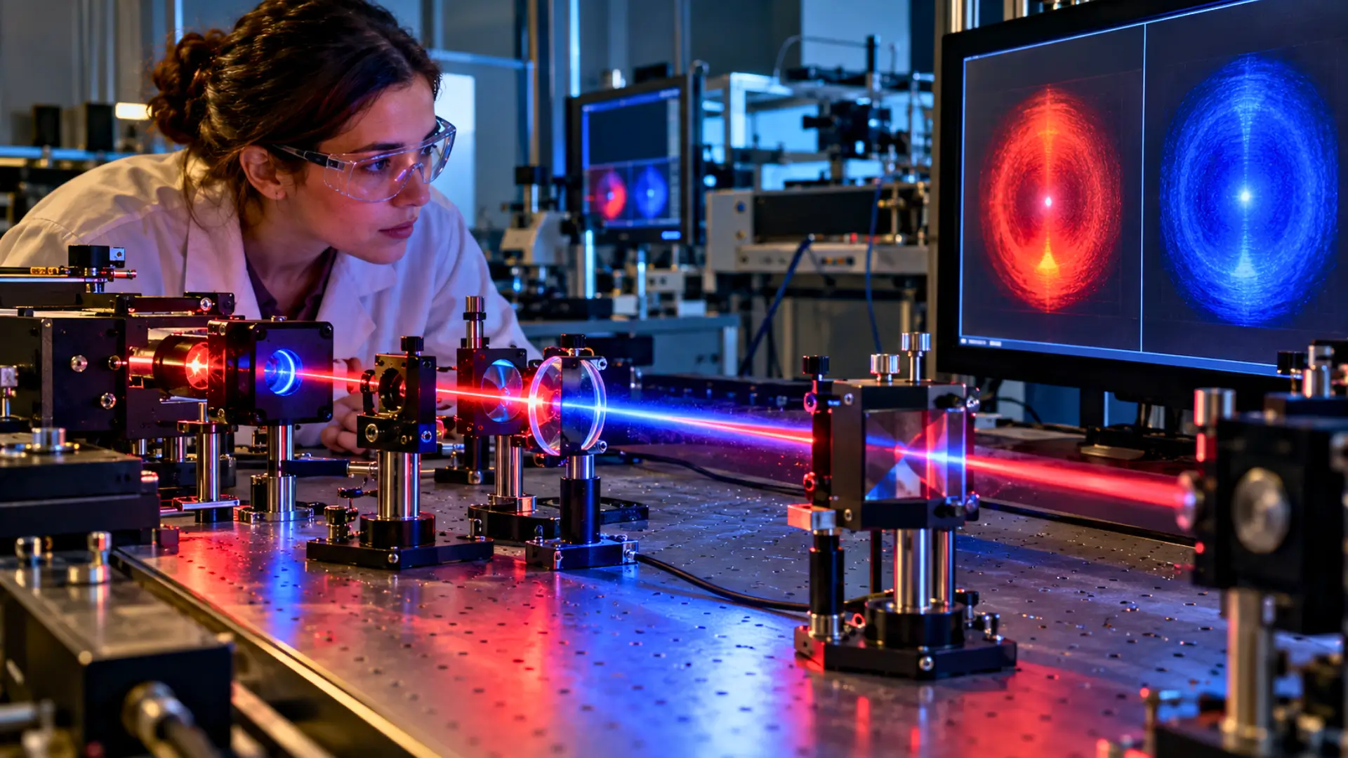 Une scientifique observe une expérience laser dans un laboratoire d'optique, avec deux motifs lumineux rouge et bleu affichés sur un écran de mesure.