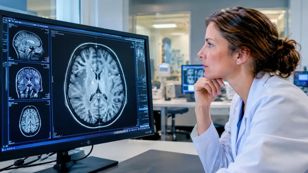 Une chercheuse en neurologie examine des images IRM du cerveau sur un écran médical dans un laboratoire de recherche.