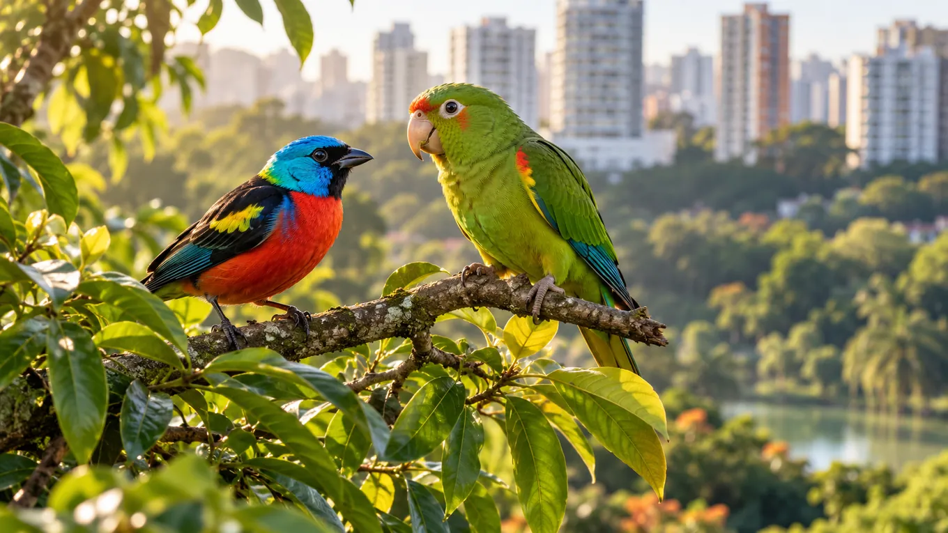Deux oiseaux tropicaux colorés perchés sur une branche dans un parc urbain verdoyant, avec des immeubles flous en arrière-plan