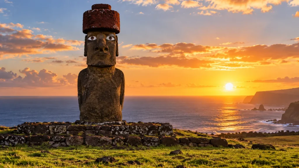 Statue Moai en pierre volcanique dressée sur sa plateforme, avec des yeux reconstitués en corail blanc et pupilles sombres, face à une prairie, l'océan derrière elle